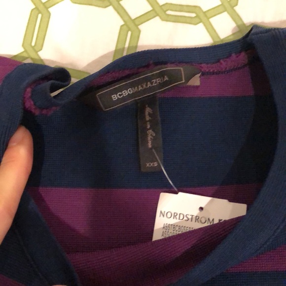BCBGMaxazria Striped Body Con Bandage Dress 3/4 Sleeves Purple Navy Size XXS - Picture 8 of 9